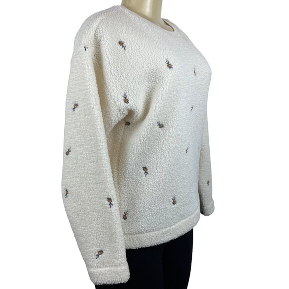 Loft Womens Cream Embroidered Long Sleeve Flowers Sherpa Pullover Sweater Sz XS - Picture 2 of 7